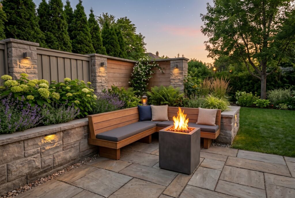 Corner gas fire column with L shaped built in bench and small backyard patio design.