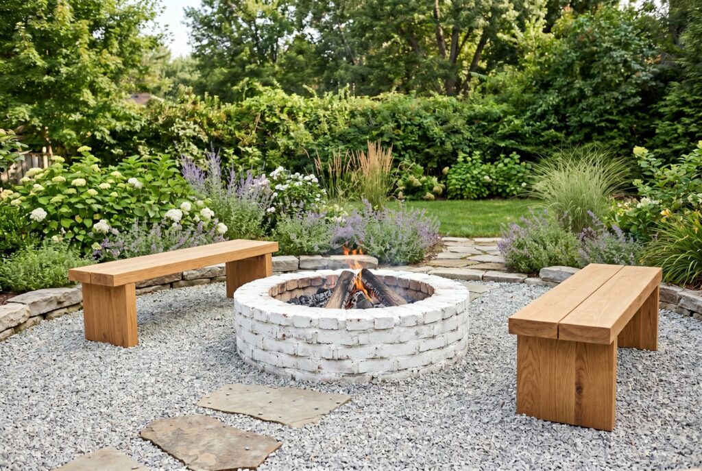 White washed brick fire ring with wooden benches and gravel patio landscaping.