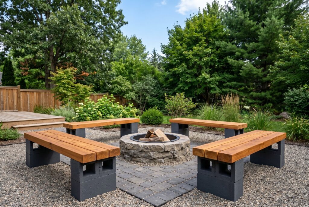 Cinderblock benches with cedar tops surrounding stone fire pit in DIY backyard layout.