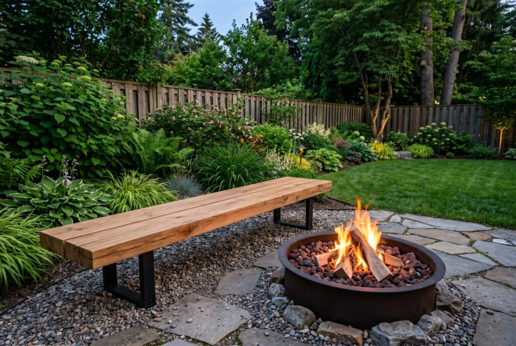 Minimalist oak plank bench beside round fire pit with clean backyard landscaping.