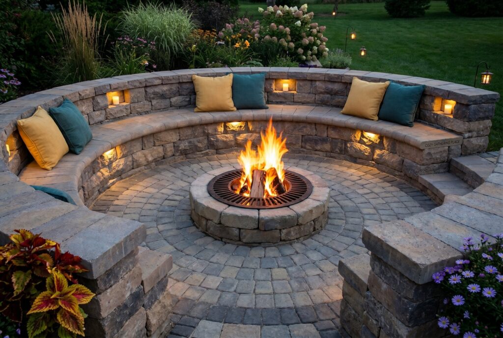 Grand circular flagstone patio with built in curved seating and central fire pit.