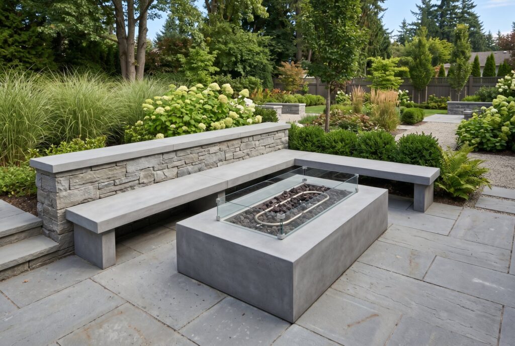 Seamless patio coping bench integrated with modern fire pit and architectural landscaping.