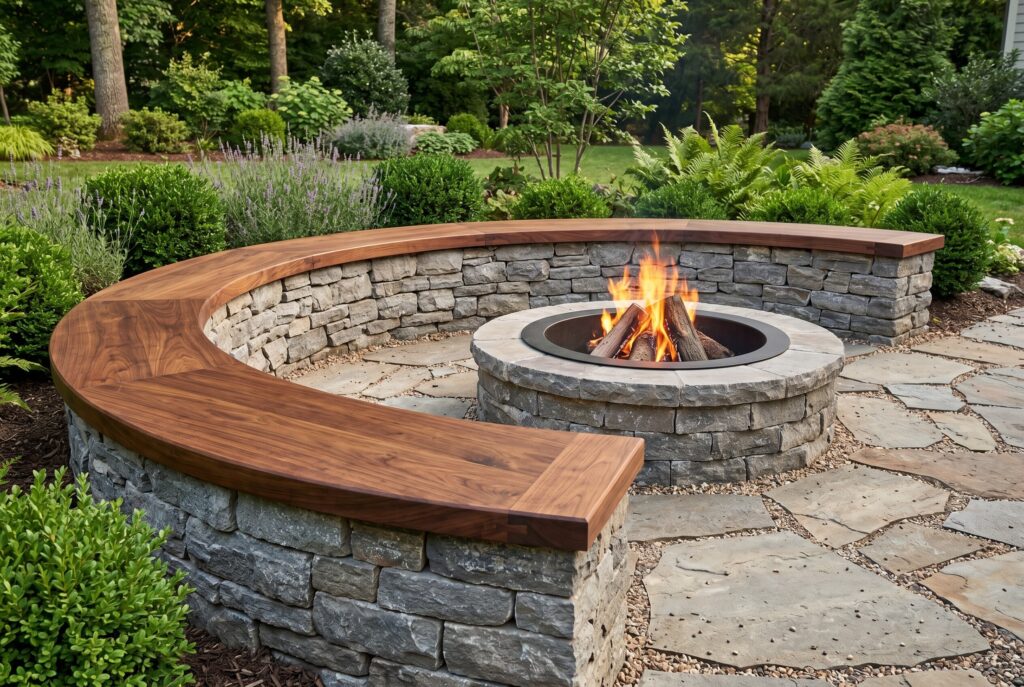 Walnut capped stone bench seating around fire pit with natural landscaping backdrop.