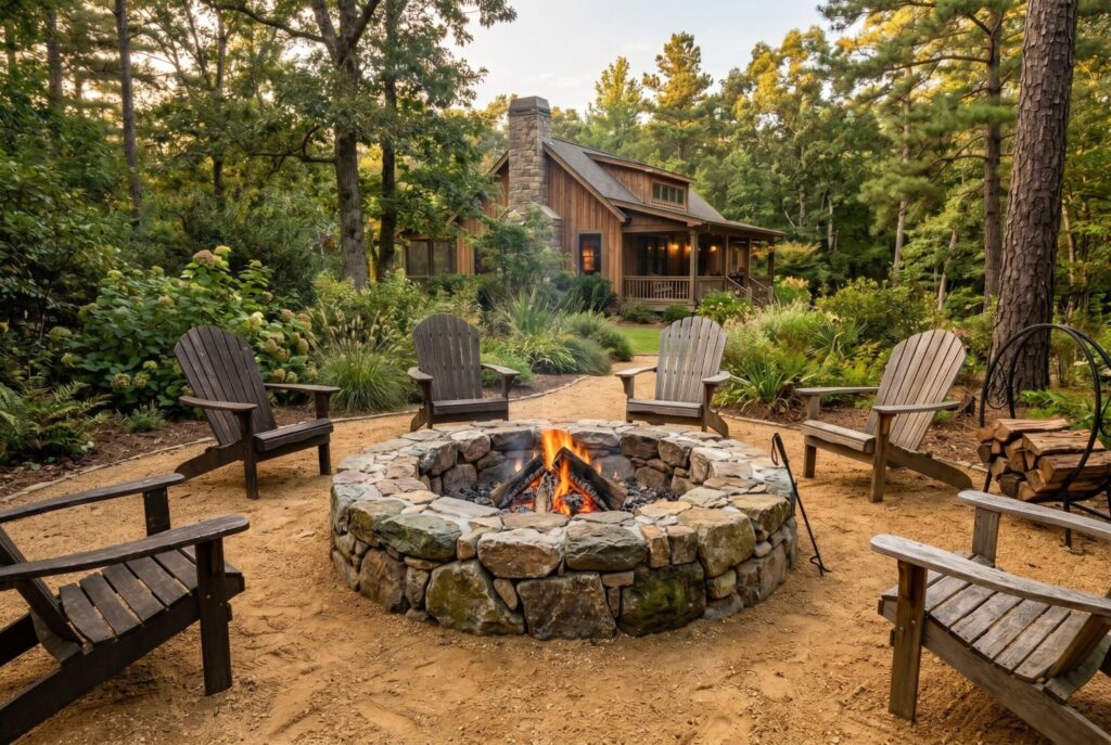 Fieldstone fire ring surrounded by decomposed granite and Adirondack chair seating.