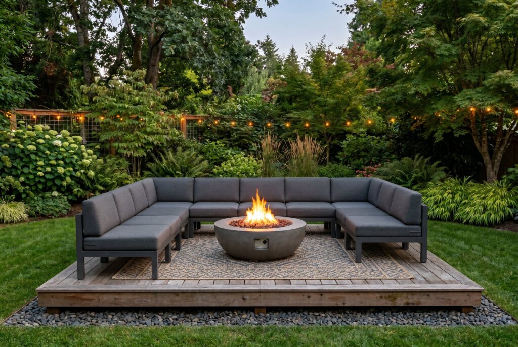 Floating deck fire pit lounge with modular sectional seating and outdoor rug.