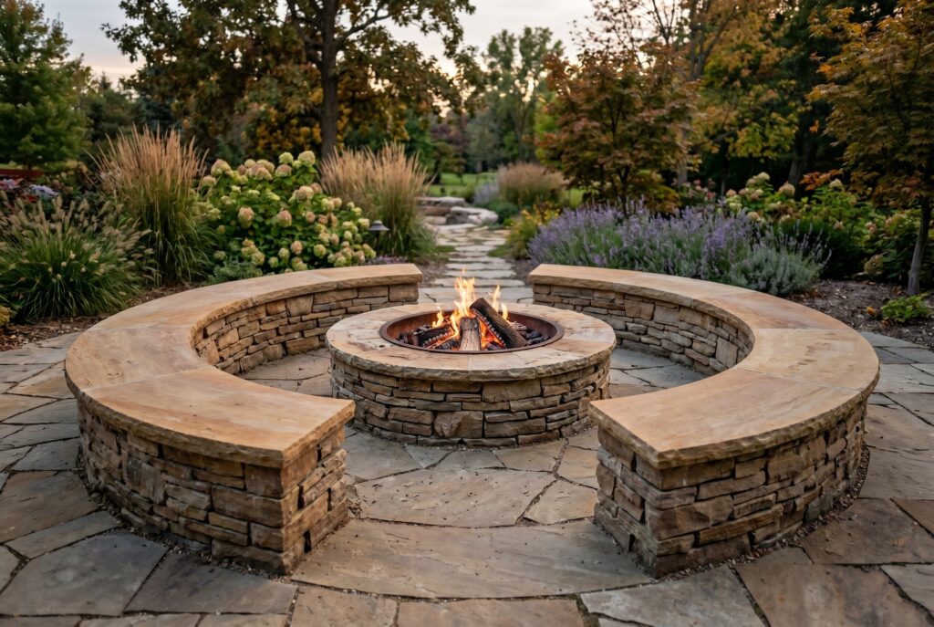 Wraparound circular stone bench surrounding fire pit with entry openings and garden views.