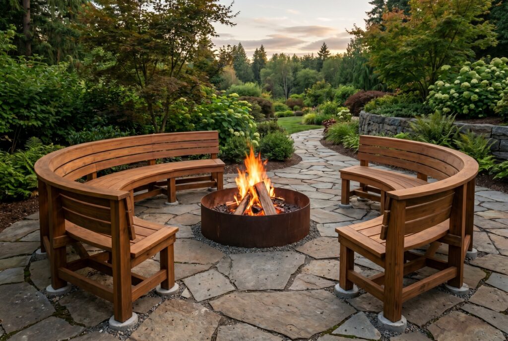 Semi circular DIY wood bench surrounding fire pit on natural stone patio.