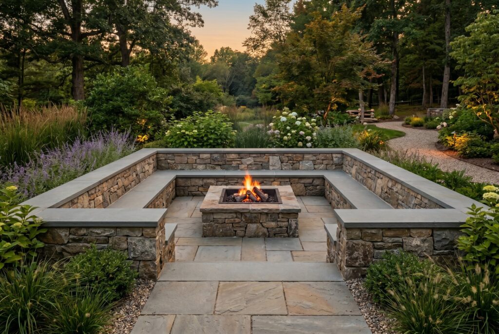 U shaped masonry fire pit seating with built in benches and private outdoor lounge layout.