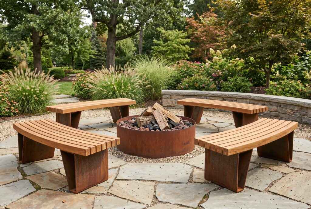Weathered steel and wood hybrid benches around corten fire pit in modern rustic backyard.