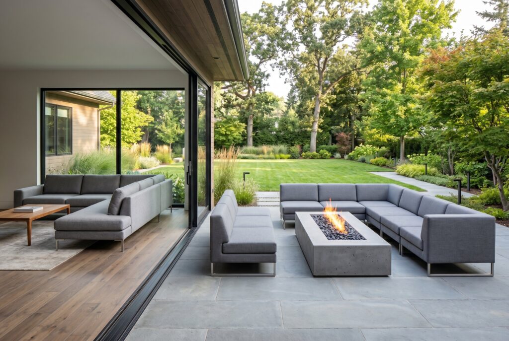 Seamless indoor outdoor sectional seating around linear fire pit and modern patio.
