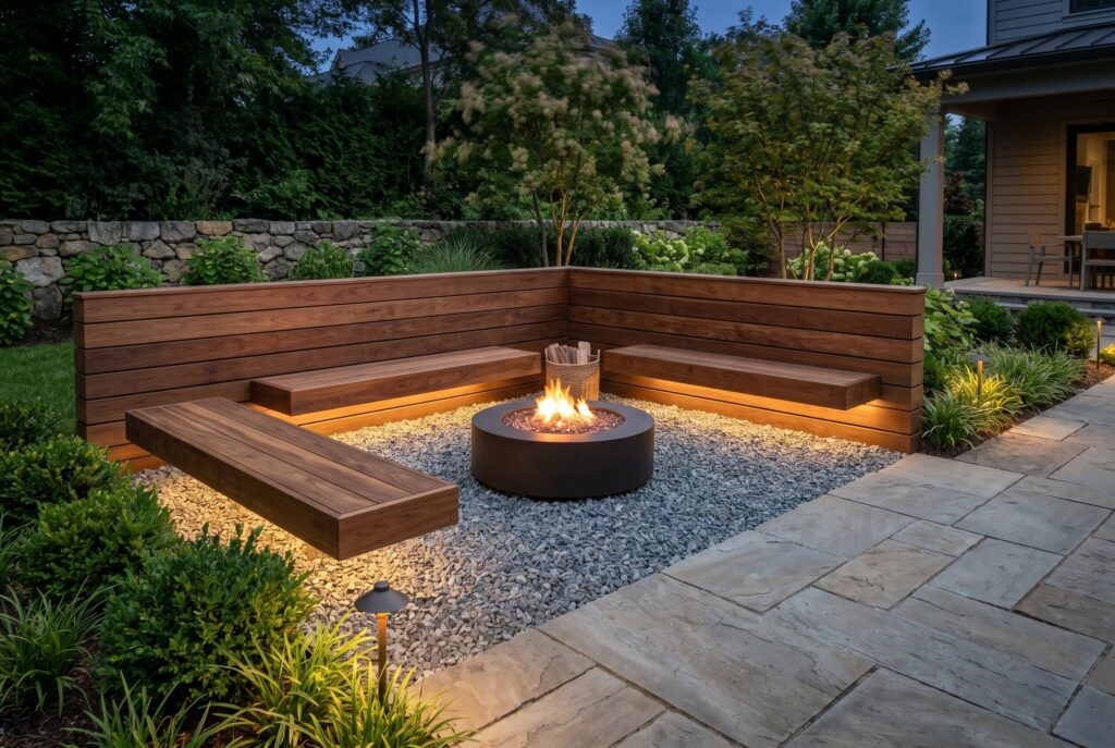 Floating walnut benches around corten steel fire basin with integrated landscape lighting.