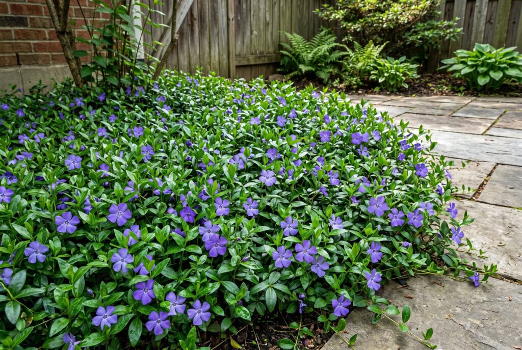 Periwinkle ground cover featuring glossy green foliage and colorful purple flowers spreading densely in a shaded garden bed near a wooden fence.