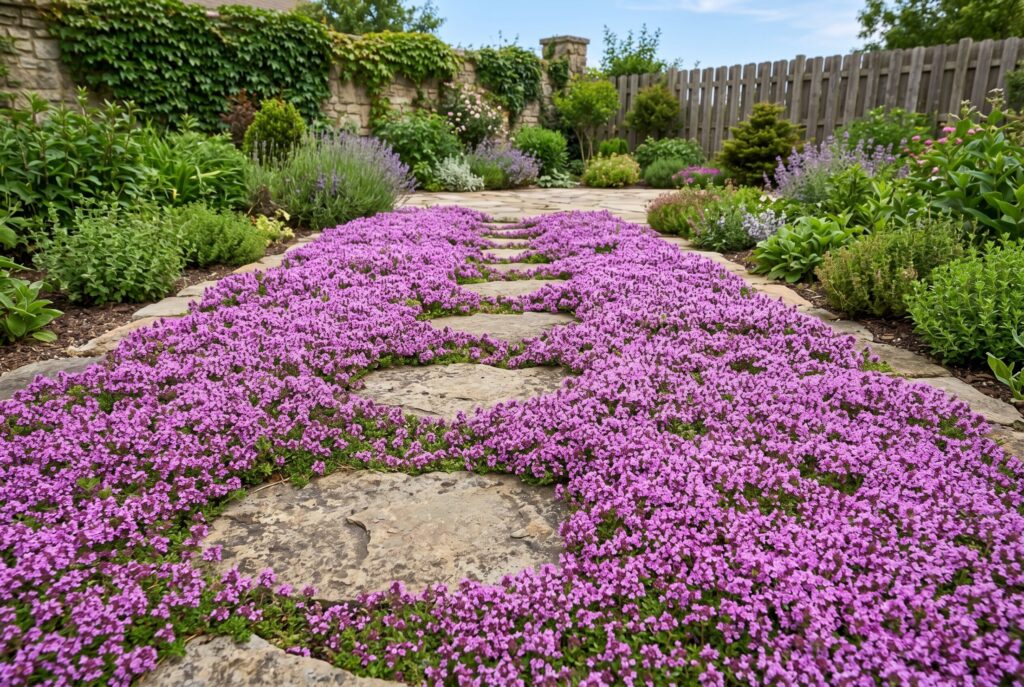 Creeping thyme creating a stunning carpet of purple blooms as it fills the spaces around stepping stones on a sunny pathway.