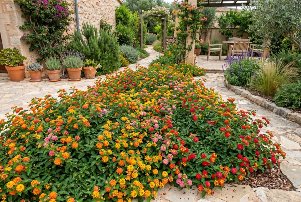 Heat-loving lantana producing a large cluster of vibrant orange, yellow, and pink flowers in a sunny, drought-prone garden path area.