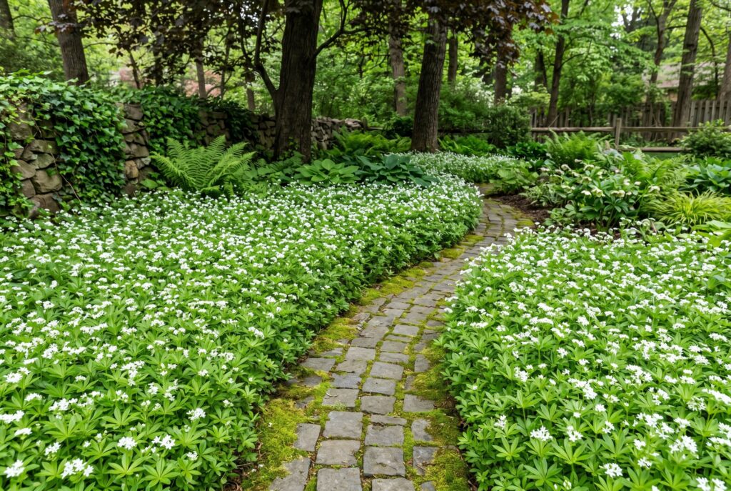 Sweet woodruff forming a soft, natural carpet of delicate green foliage and small, star-shaped white flowers along a shaded, woodland brick path.