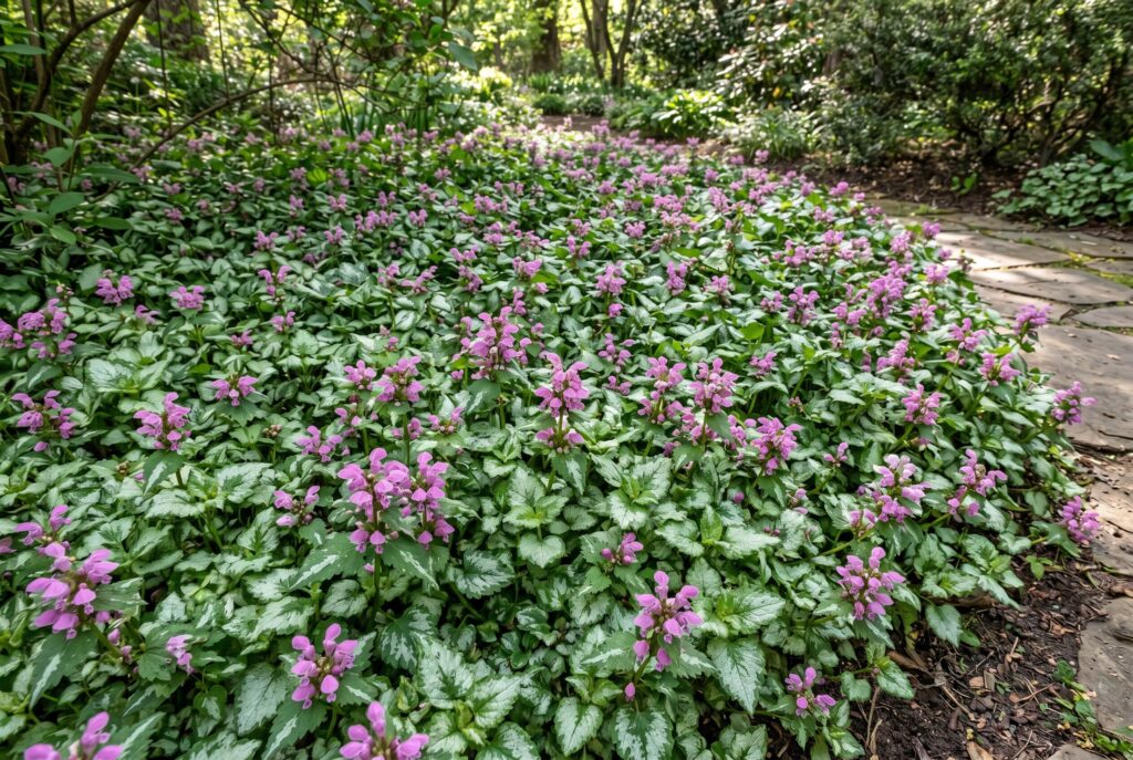 Lamium, also known as spotted dead nettle, brightening a shaded corner with its silver-marked foliage and clusters of pinkish-purple flowers.