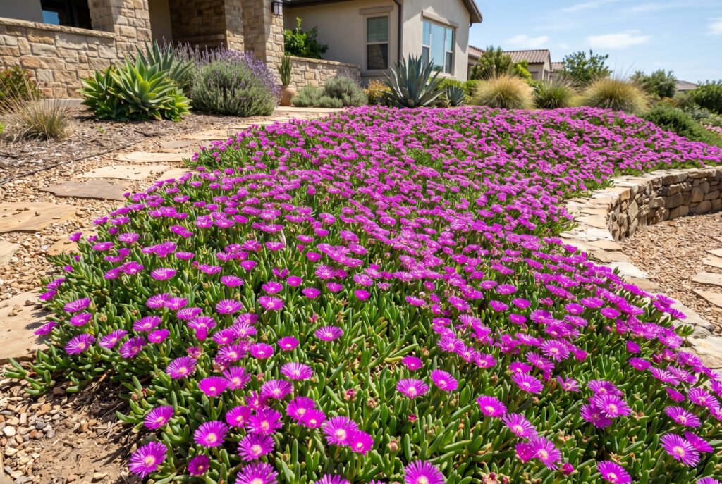 Ice plant ground cover displaying bright purple flowers across a sunny slope.