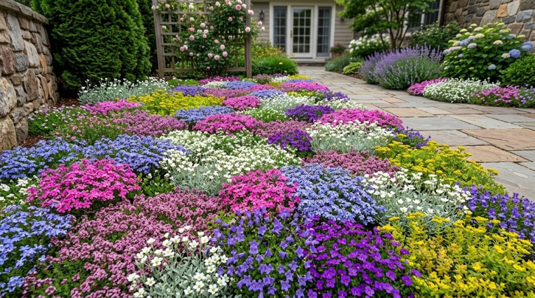 A vibrant living carpet of color featuring a dense mix of flowering ground covers in shades of pink, purple, white, and yellow alongside a stone garden pathway.