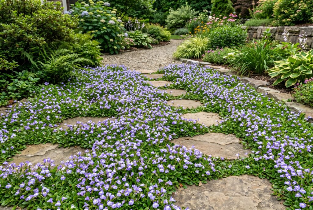 Fast-spreading Mazus reptans combining low-growing green foliage and small purple flowers to gracefully fill the gaps between stepping stones.