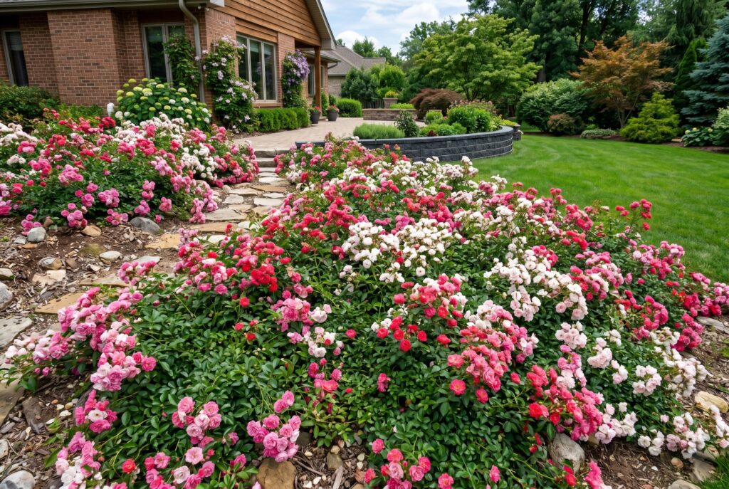 Ground cover roses delivering an impressive display of pink and white flowers spreading extensively across a large, sunny garden bed alongside a pathway.