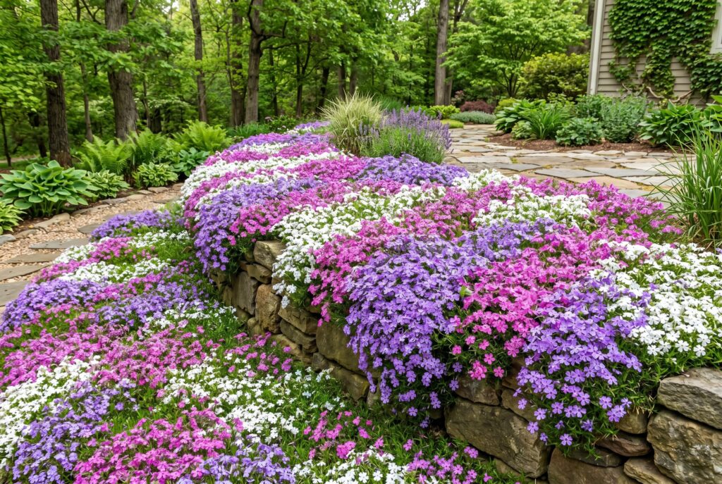 Creeping phlox spilling gracefully over a stone retaining wall, creating a vibrant spring carpet of pink, purple, and white blooms.