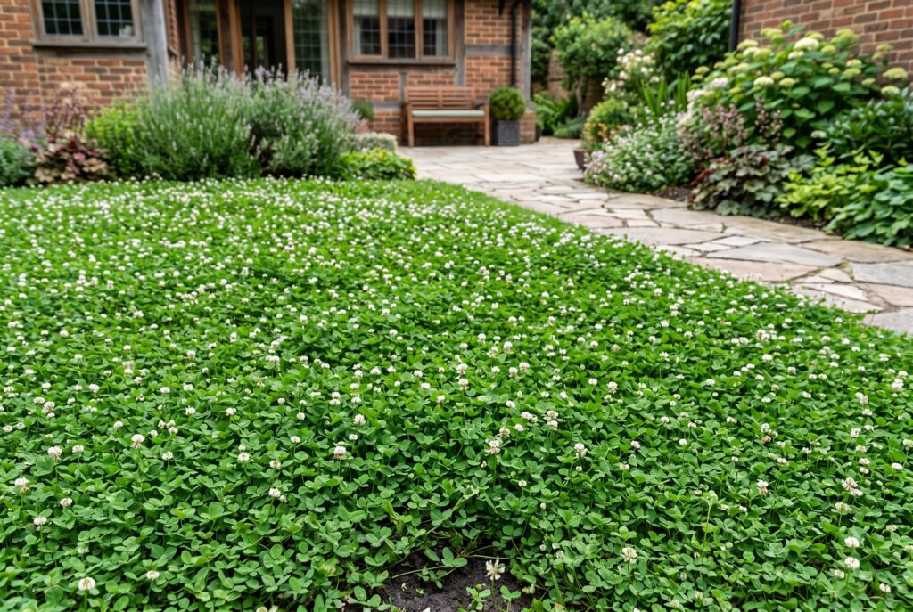 Microclover creating a soft, green lawn alternative accented with small white flowers alongside a garden stone path.