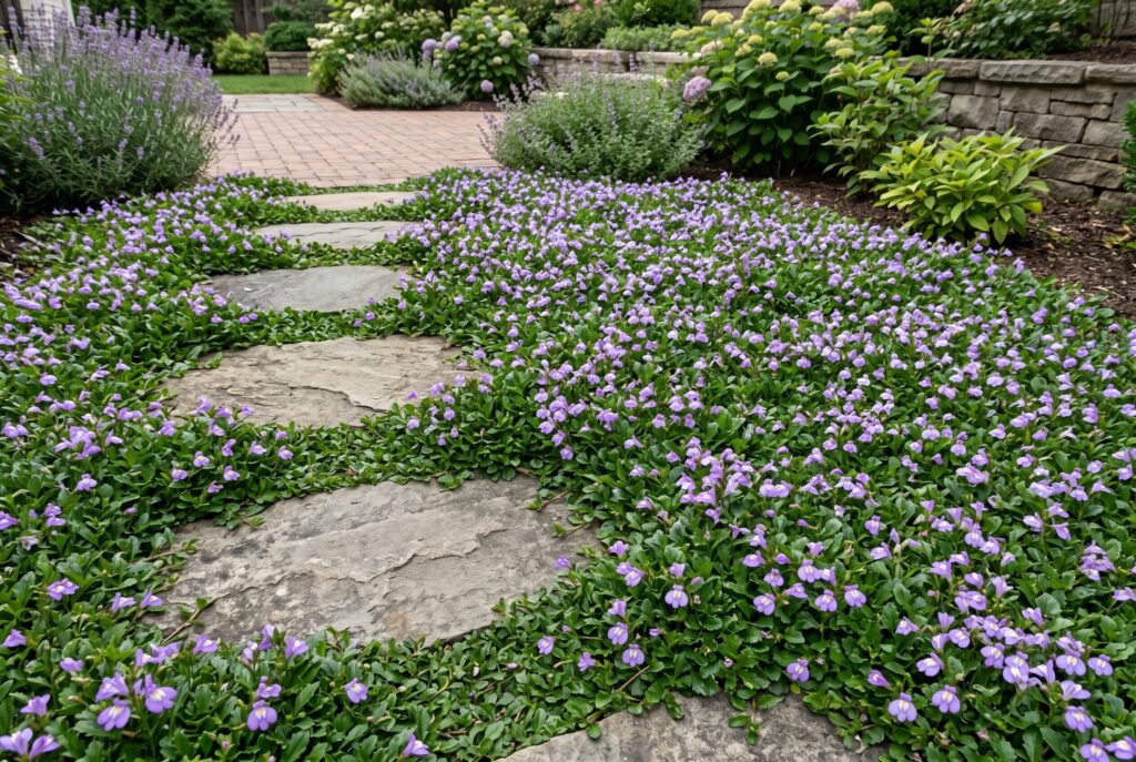 Creeping mazus forming a fresh green mat dotted with small purple flowers, filling the gaps between stone pavers along a garden walkway.