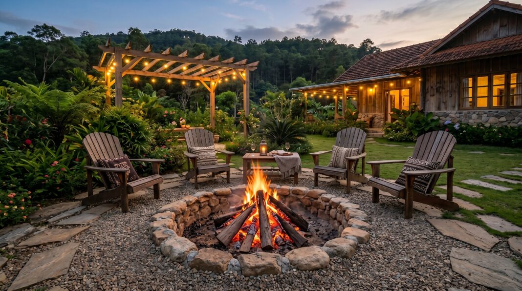 In ground fire pit with Adirondack chairs, pergola lighting, and landscaped backyard gathering area.