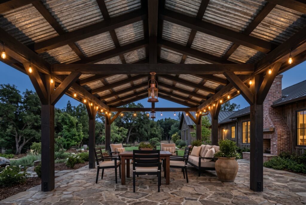 Modern farmhouse corrugated tin patio roof with exposed beams and string lighting. 