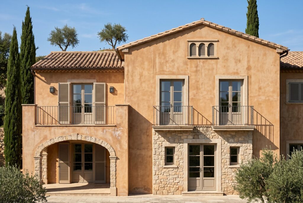 Modernized Tuscan exterior with warm white stucco, terracotta roof tiles, and elegant arched windows.