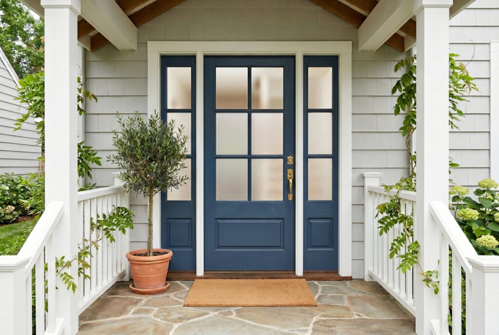 Frosted glass front door privacy film with sidelights and modern porch entry design.