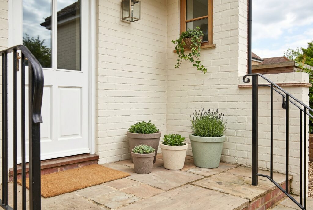 Faux stone planter pots with textured finish and budget friendly porch decor.