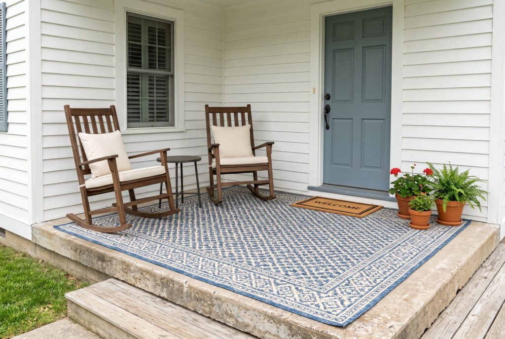 Oversized outdoor rug defining seating area on compact front porch design.