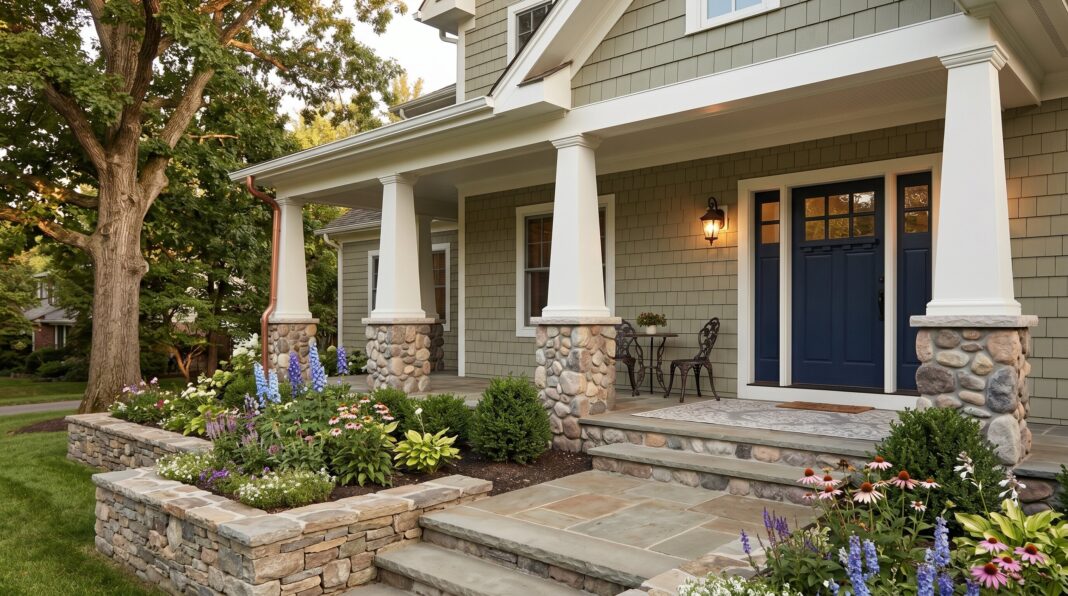 Small front porch with bold navy front door, white columns, and welcoming entry landscaping.