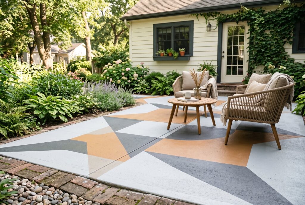 Painted concrete patio with geometric pattern and budget friendly outdoor makeover.