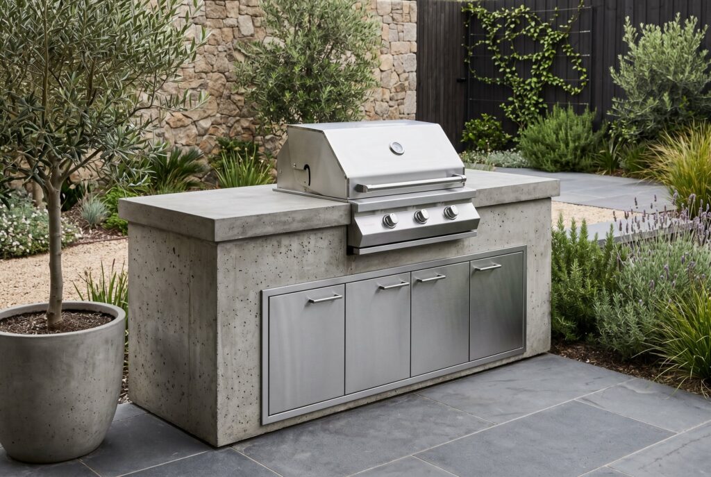 Kamado smoker station with corner countertop layout and integrated ceramic cooker.