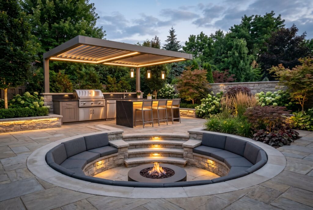 Sunken lounge with fire pit overlooking a covered outdoor kitchen and dining pavilion.