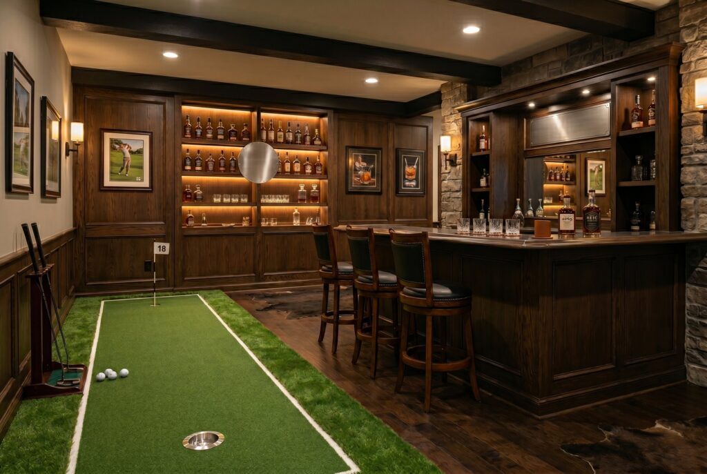 A collector's showcase vault featuring a display wall with glass cabinets holding sneakers, framed jerseys, and mounted guitars, alongside a dark leather armchair.