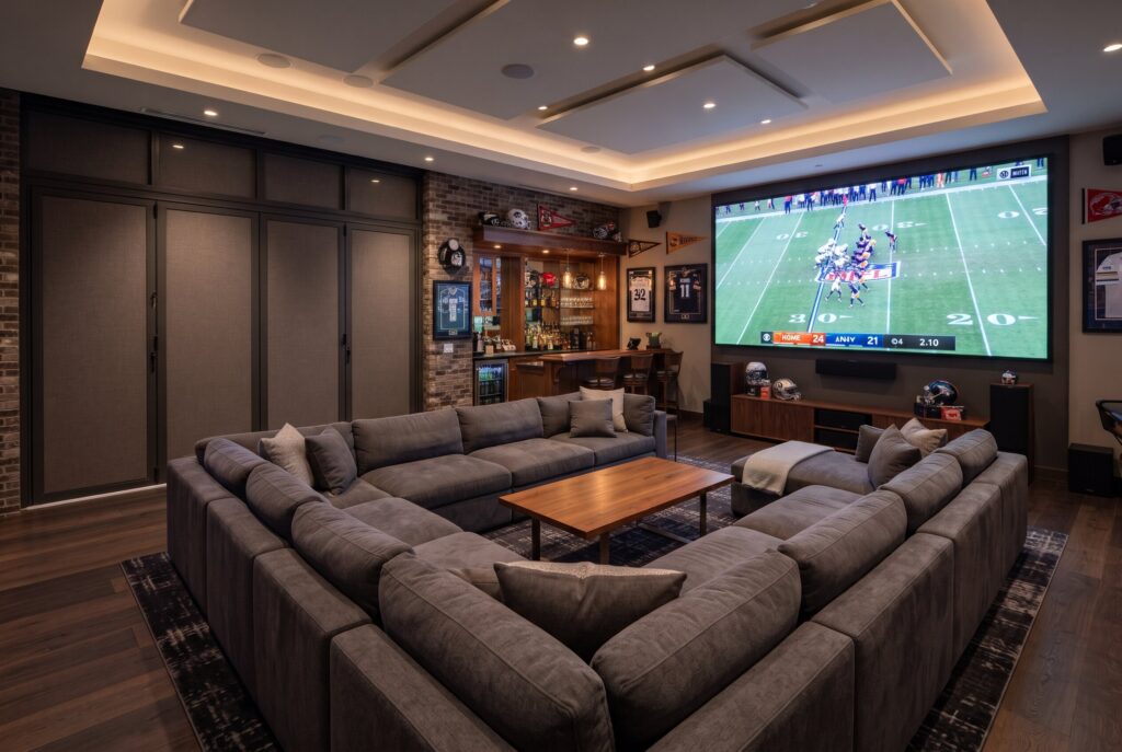 U shaped stadium lounge with oversized sectional and large sports viewing screen. 