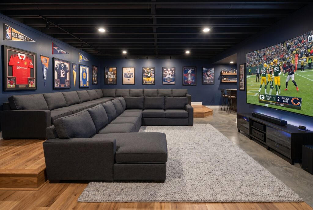 U shaped stadium lounge with oversized sectional and large sports viewing screen.