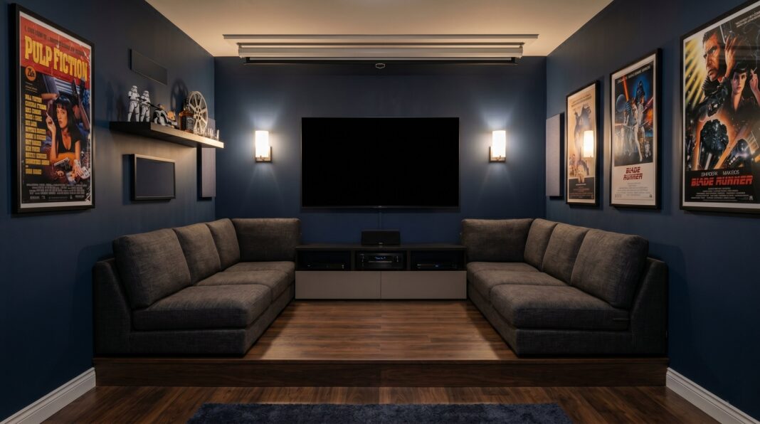 Compact home theater with wall hugging sectionals, framed movie posters, and large screen setup.