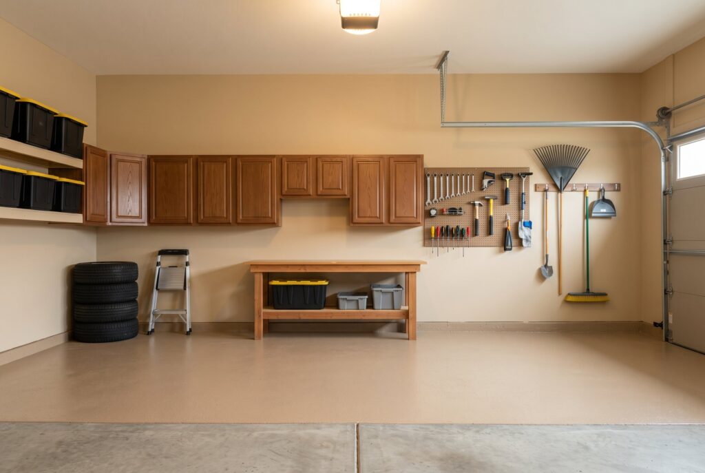 A garage painted in Behr Aged Beige, which naturally masks dust, featuring brown wood upper cabinets, a wooden workbench, and stacked tires on a tan floor.
