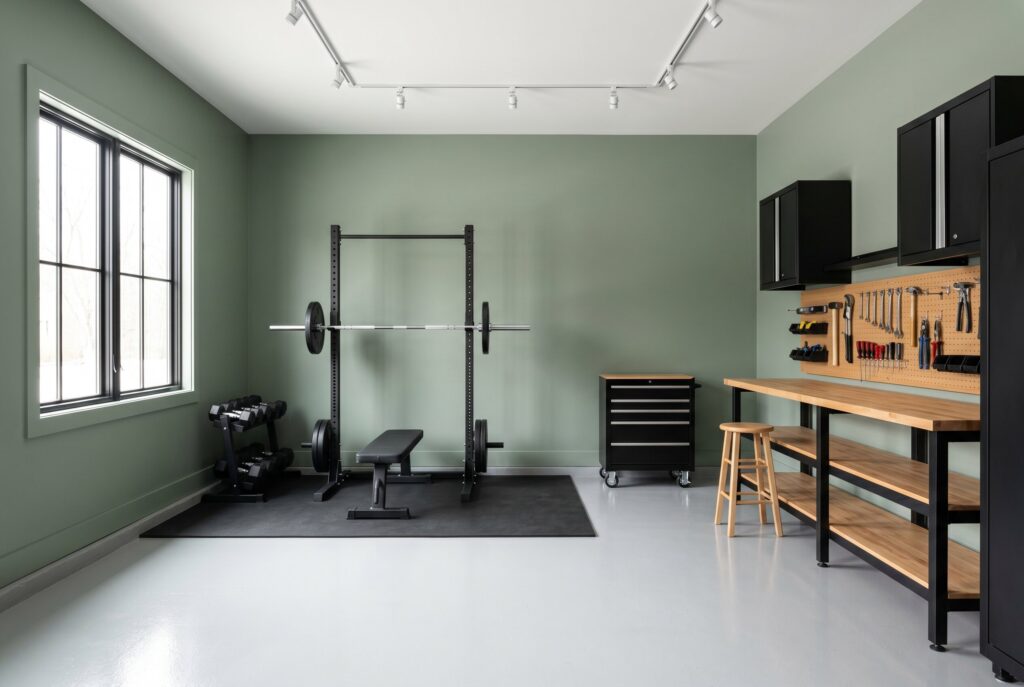 A garage gym and workspace painted in Benjamin Moore October Mist, a muted sage green, featuring a squat rack, black cabinets, and a wood-tiered workbench.