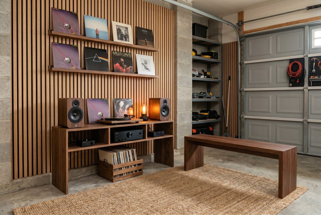 Acoustic vinyl listening bay with wood slat wall, Hi Fi audio system, and jute rug. 