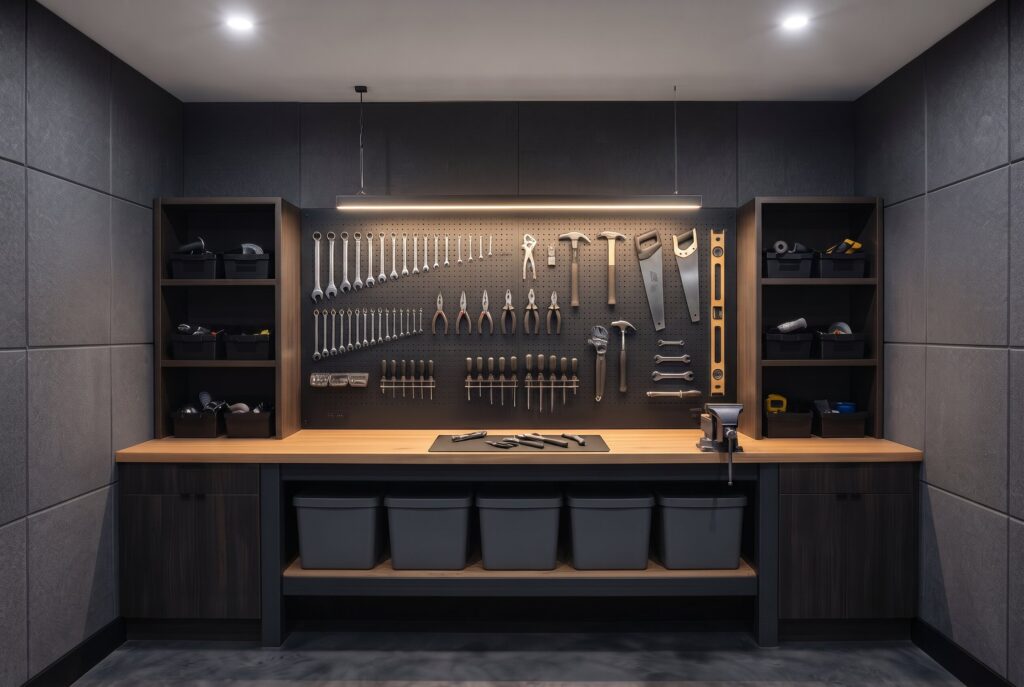 Custom workshop with built in cabinetry, hidden storage bins, and matte black tool display.