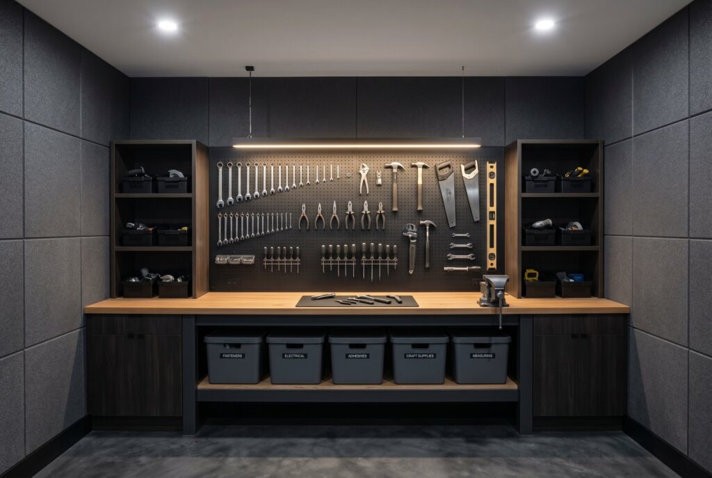Custom workshop with built in cabinetry, hidden storage bins, and matte black tool display. 