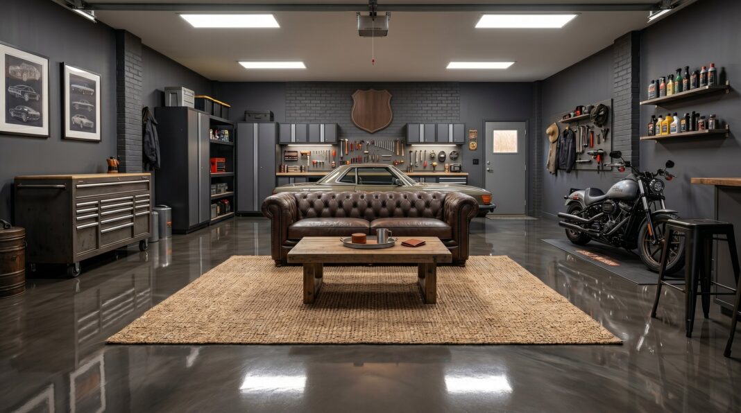 Luxury garage man cave with leather seating, motorcycle display, and polished epoxy flooring.