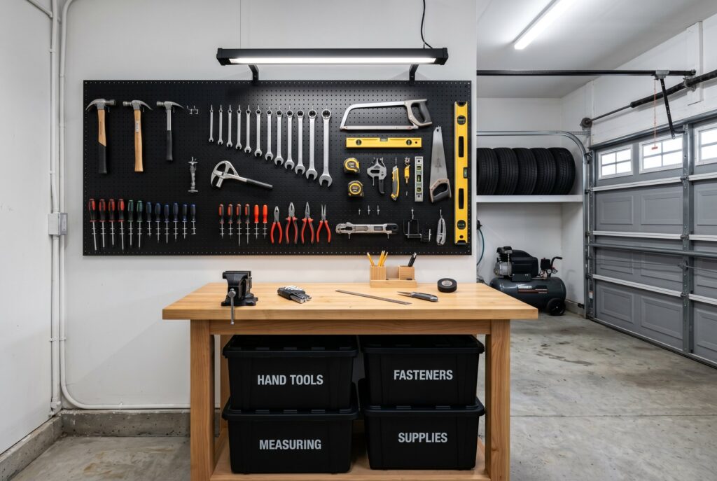 Minimalist tool and craft workshop with organized pegboard wall and clean workbench design. 
