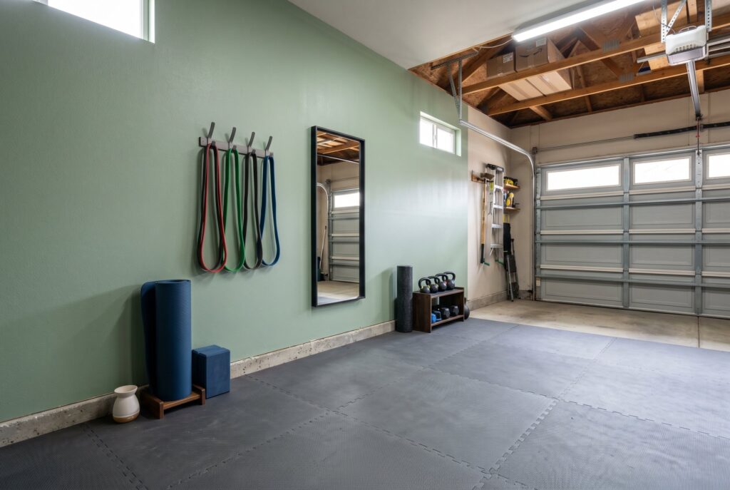 Garage gym with strength equipment, mirror wall, and integrated recovery zone. 