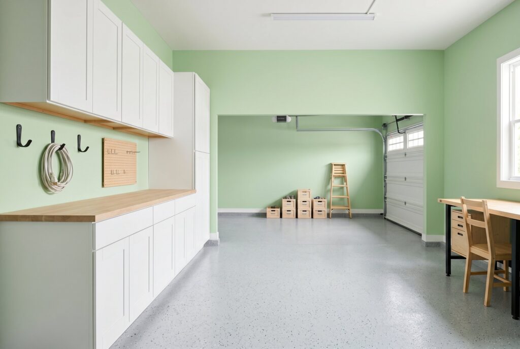 A garage painted in Behr Back to Nature, a soft light green, paired with white cabinets, a pale wood desk, and light epoxy floors.